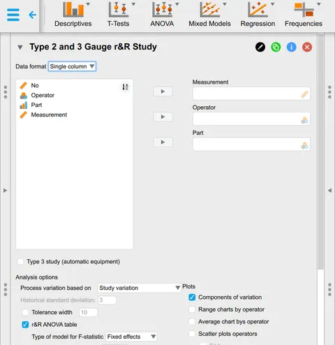 JASP Guage r&R analysis field selection.
