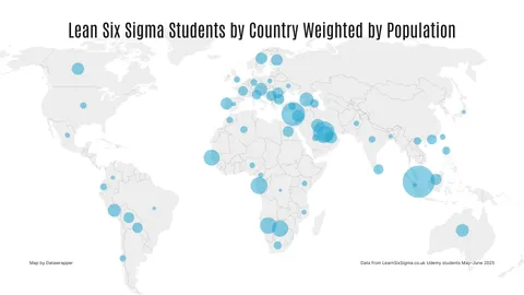 Lean Six Sigma students by country weighted by population, May-June 2025