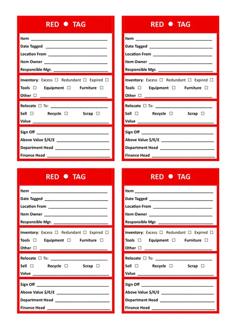 Four 5S red tags on a page