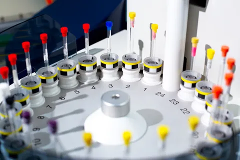 Chemical sample tubes in an automated analysis laboratory machine.