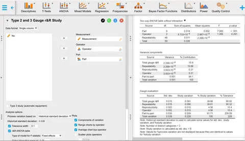 JASP Guage r&R analysis configuration and results.